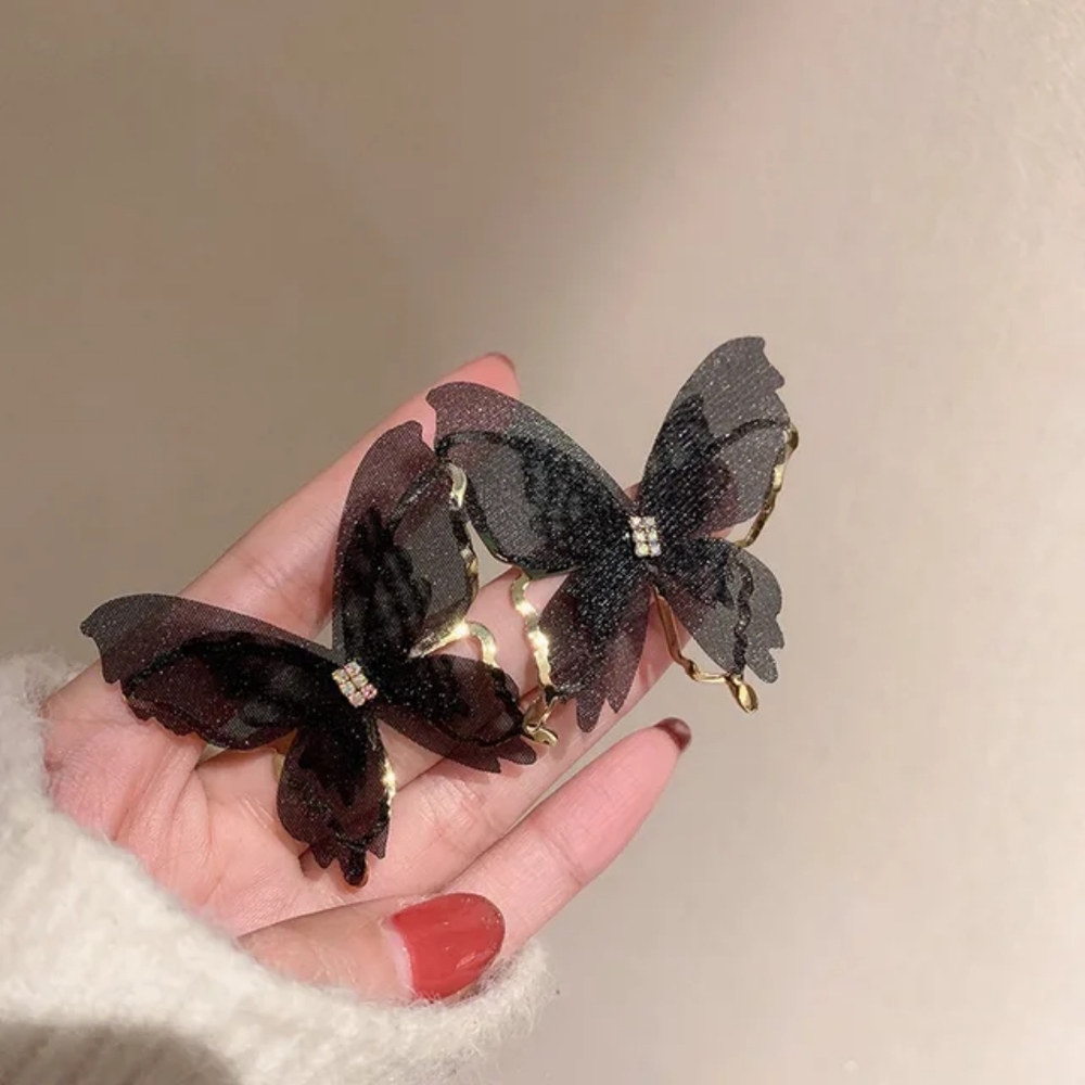 Black Fluffy Fabric Butterfly Earrings